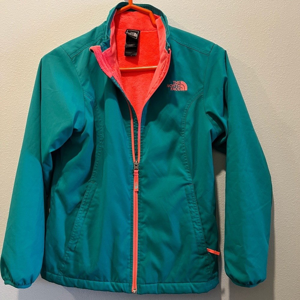 The NorthFace Teal Green Jacket with bright orange-ish accents. Girls L/G 14/16
